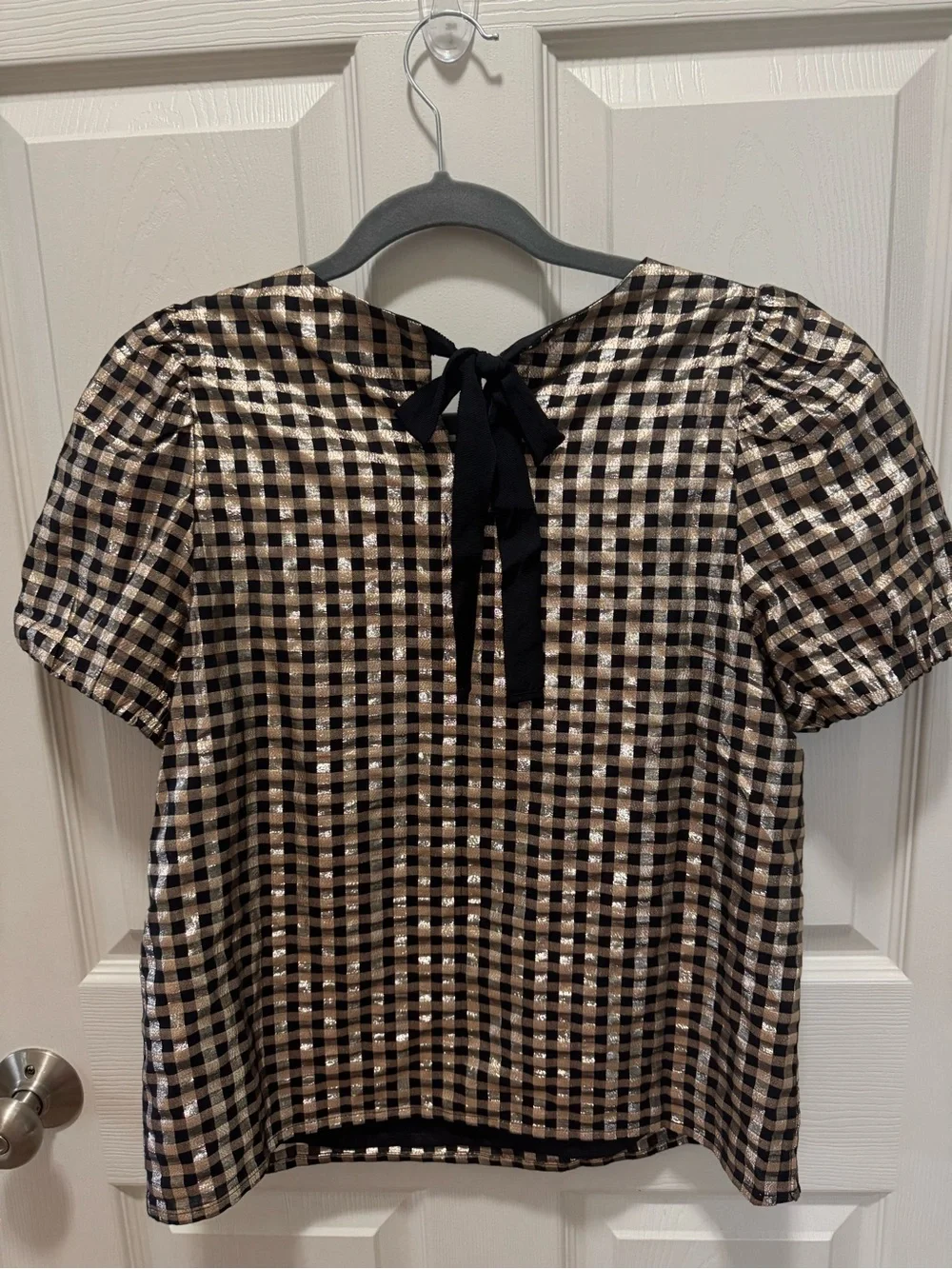 J. Crew Black and Gold Gingham Puff Sleeve Top